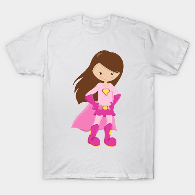 Superhero Girl, Brown Hair, Cute Girl, Pink Cape T-Shirt by Jelena Dunčević